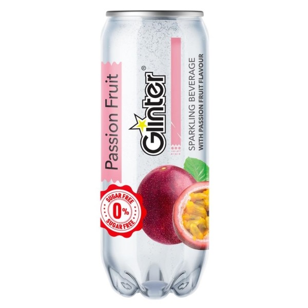 Dzirkstošais dzēriens Glinter ar Pasifloras augļu garšu bez sukura 350 ml 